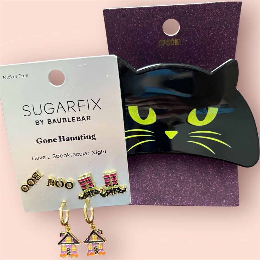 Halloween Sugarfix by BaubleBar Earrings and Black Cat Hair Clip Set October